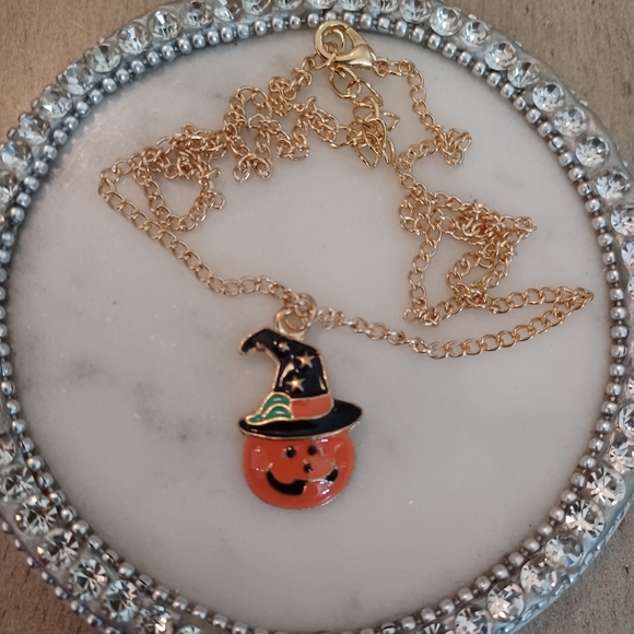 None Jewelry - Orange Jack-o-lantern Witch Adjustable Necklace